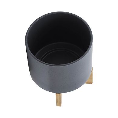 8" Matte Gray Ceramic Planter with Modern Wood Stand