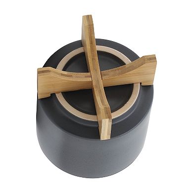 8" Matte Gray Ceramic Planter with Modern Wood Stand