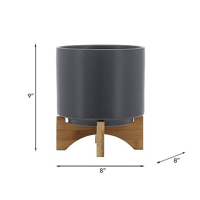 8" Matte Gray Ceramic Planter with Modern Wood Stand