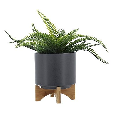 8" Matte Gray Ceramic Planter with Modern Wood Stand