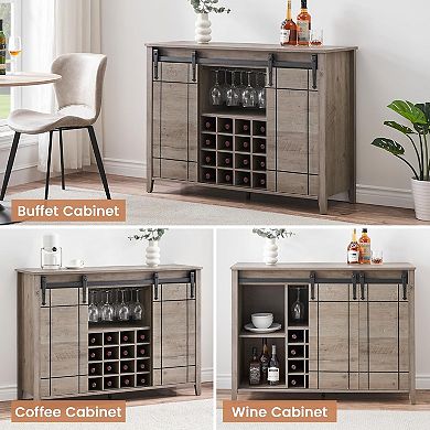 Farmhouse Wine Bar Cabinet with 16-Bottle Rack & Sliding Barn Door