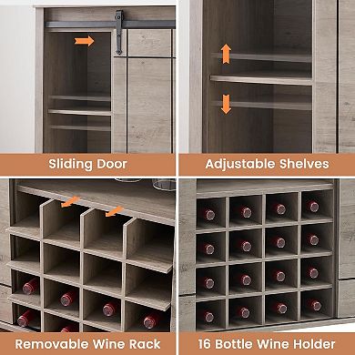 Farmhouse Wine Bar Cabinet with 16-Bottle Rack & Sliding Barn Door