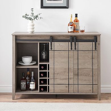 Farmhouse Wine Bar Cabinet with 16-Bottle Rack & Sliding Barn Door