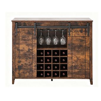 Farmhouse Wine Bar Cabinet with 16-Bottle Rack & Sliding Barn Door
