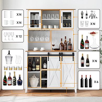 Farmhouse Coffee Bar with Sliding Barn Doors, 6-Bottle Wine Rack & Stemware Holder