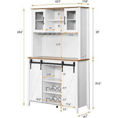 Farmhouse Coffee Bar with Sliding Barn Doors, 6-Bottle Wine Rack & Stemware Holder
