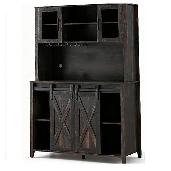 Farmhouse Coffee Bar with Sliding Barn Doors, 6-Bottle Wine Rack & Stemware Holder