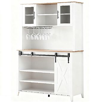 Farmhouse Coffee Bar with Sliding Barn Doors, 6-Bottle Wine Rack & Stemware Holder