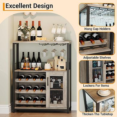 Wine Bar Cabinet with Detachable Rack, Glass Holders & Adjustable Shelves