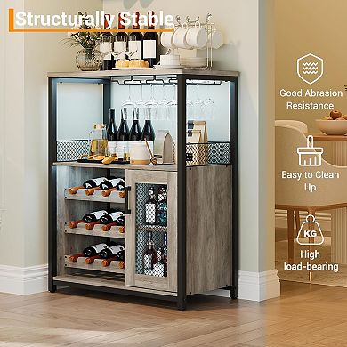 Wine Bar Cabinet with Detachable Rack, Glass Holders & Adjustable Shelves