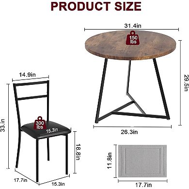 3-Piece Round Dining Set for 2 with Upholstered Chairs, Small Space Rustic Table