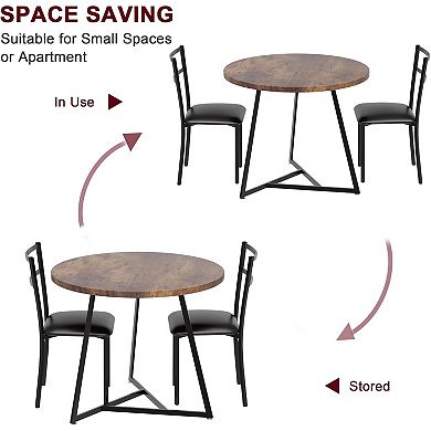 3-Piece Round Dining Set for 2 with Upholstered Chairs, Small Space Rustic Table