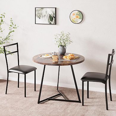 3-Piece Round Dining Set for 2 with Upholstered Chairs, Small Space Rustic Table
