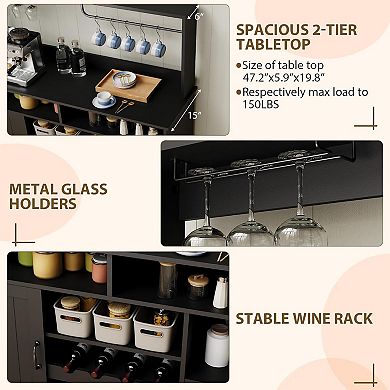 Farmhouse Coffee Bar Cabinet with Wine Rack, Power Outlet & Adjustable Shelves