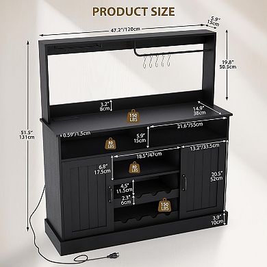 Farmhouse Coffee Bar Cabinet with Wine Rack, Power Outlet & Adjustable Shelves