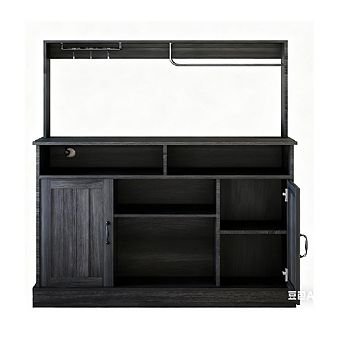 Farmhouse Coffee Bar Cabinet with Wine Rack, Power Outlet & Adjustable Shelves