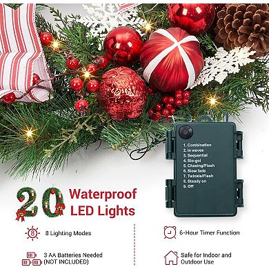 24in Prelit Artificial Christmas Wreath Striped Bows and LED Lights Battery Powered Front Door Decor