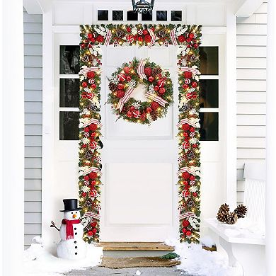 24in Prelit Artificial Christmas Wreath Striped Bows and LED Lights Battery Powered Front Door Decor