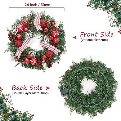 24in Prelit Artificial Christmas Wreath Striped Bows and LED Lights Battery Powered Front Door Decor