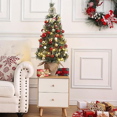 Battery-Operated PreLit Tabletop Trees,2Pcs Snow Flocked with Berries & Pine Cones for Festive Decor