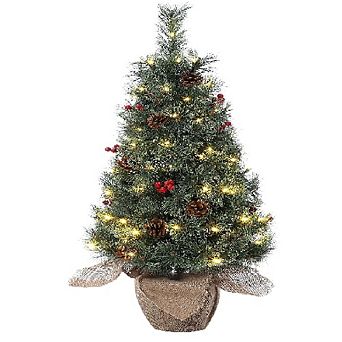 Battery-Operated PreLit Tabletop Trees,2 pc Snow Flocked with Berries & Pine Cones for Festive Decor