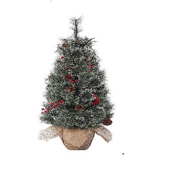 Battery-Operated PreLit Tabletop Trees,2 pc Snow Flocked with Berries & Pine Cones for Festive Decor