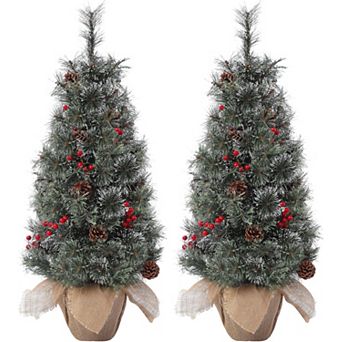 Battery-Operated PreLit Tabletop Trees,2 pc Snow Flocked with Berries & Pine Cones for Festive Decor