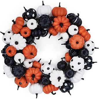 Thanksgiving Halloween Wreath with Pumpkins Rattan Bottom Fall Decor for Indoor & Outdoor Party