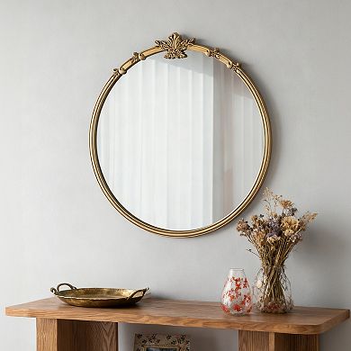 30x31" Round Wall Mirror With Gold Finish And Decorative Leaf Crest