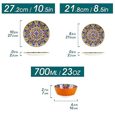 12-pcs Porcelain Dining Set for 4, incl. Dinner Plates, Dessert Plates, Bowls, Bohemian Style