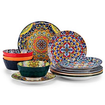 12 pc Porcelain Dining Set for 4, incl. Dinner Plates, Dessert Plates, Bowls, Bohemian Style