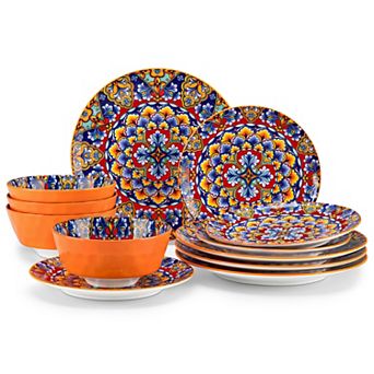 12 pc Porcelain Dining Set for 4, incl. Dinner Plates, Dessert Plates, Bowls, Bohemian Style