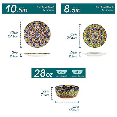 12-pcs Porcelain Dining Set for 4, incl. Dinner Plates, Dessert Plates, Bowls, Bohemian Style