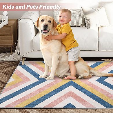 Washable Area Rug Large Geometric Rug for Living Room Stain & Water Resistant Foldable Low Pile Rugs