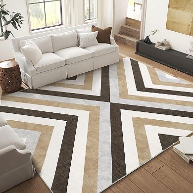 Washable Area Rug Large Geometric Rug for Living Room Stain & Water Resistant Foldable Low Pile Rugs