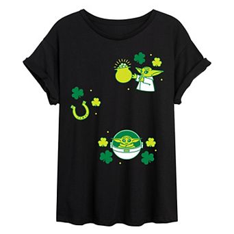 Juniors' Star Wars The Mandalorian Grogu St. Patrick's Day Oversized Tee