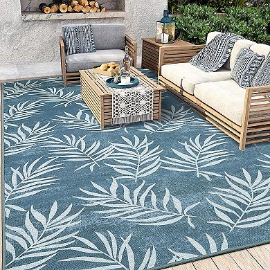 Outdoor Indoor Rug Modern Leaves Pattern Outdoor Patio Rug Low Pile Non-Shedding High Traffic Rug