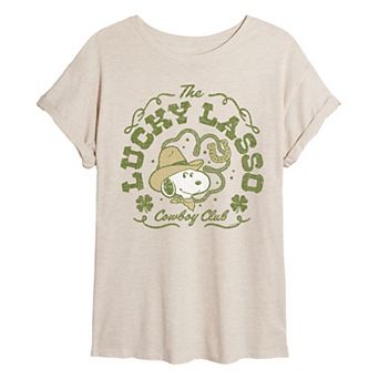 Juniors' Peanuts Snoopy The Lucky Lasso Cowboy Club Distressed Oversized Tee