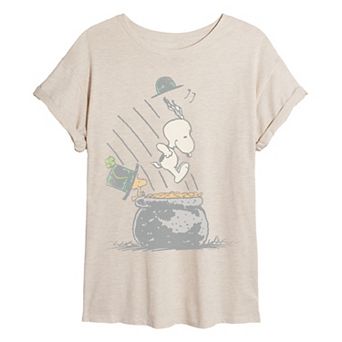 Juniors' Peanuts Snoopy & Woodstock Pot Of Gold Distressed Graphic Tee