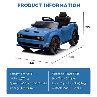 Electric Ride-On Car for Kids - 12V 4.5AH, Dual Drive, Speed 1.2-2.2 Mph, Bluetooth Connectivity