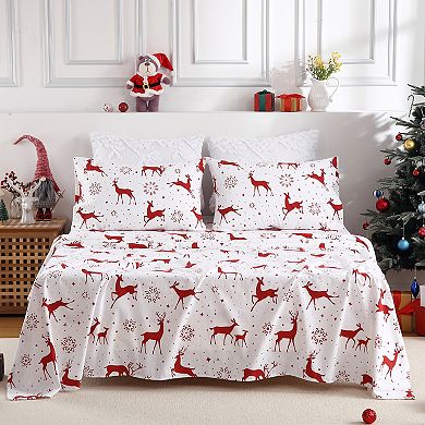 Christmas Flannel Sheets, Cotton Holiday Bed Sheet Set, Deep Pocket Fitted Sheet, Soft Warm Brushed