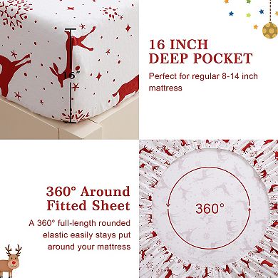 Christmas Flannel Sheets, Cotton Holiday Bed Sheet Set, Deep Pocket Fitted Sheet, Soft Warm Brushed