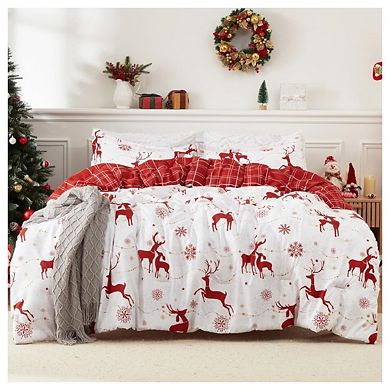 Christmas Comforter Set Queen Size, Reversible Printed 3 Pieces Bed Set Holiday Decorative Bedding