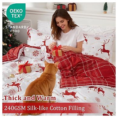 Christmas Comforter Set Queen Size, Reversible Printed 3 Pieces Bed Set Holiday Decorative Bedding