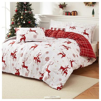 Christmas Comforter Set Queen Size, Reversible Printed 3 Pieces Bed Set Holiday Decorative Bedding