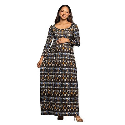 24seven Comfort Apparel Women's Maternity Brown Geometric Print Long Sleeve Empire Waist Maxi Dress, Green, Medium