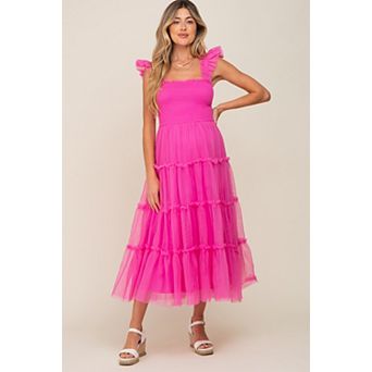 Maternity Smocked Mesh Ruffle Accent Midi Dress