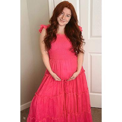 Maternity Smocked Mesh Ruffle Accent Midi Dress