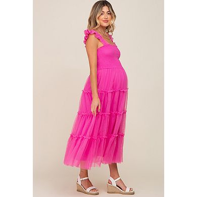 Maternity Smocked Mesh Ruffle Accent Midi Dress