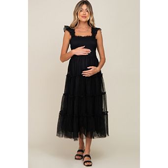 Maternity Smocked Mesh Ruffle Accent Midi Dress